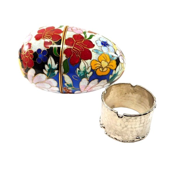 Old Cloisonne Enamel Hinged Egg Trinket Box with Stand  5" - Picture 2 of 8